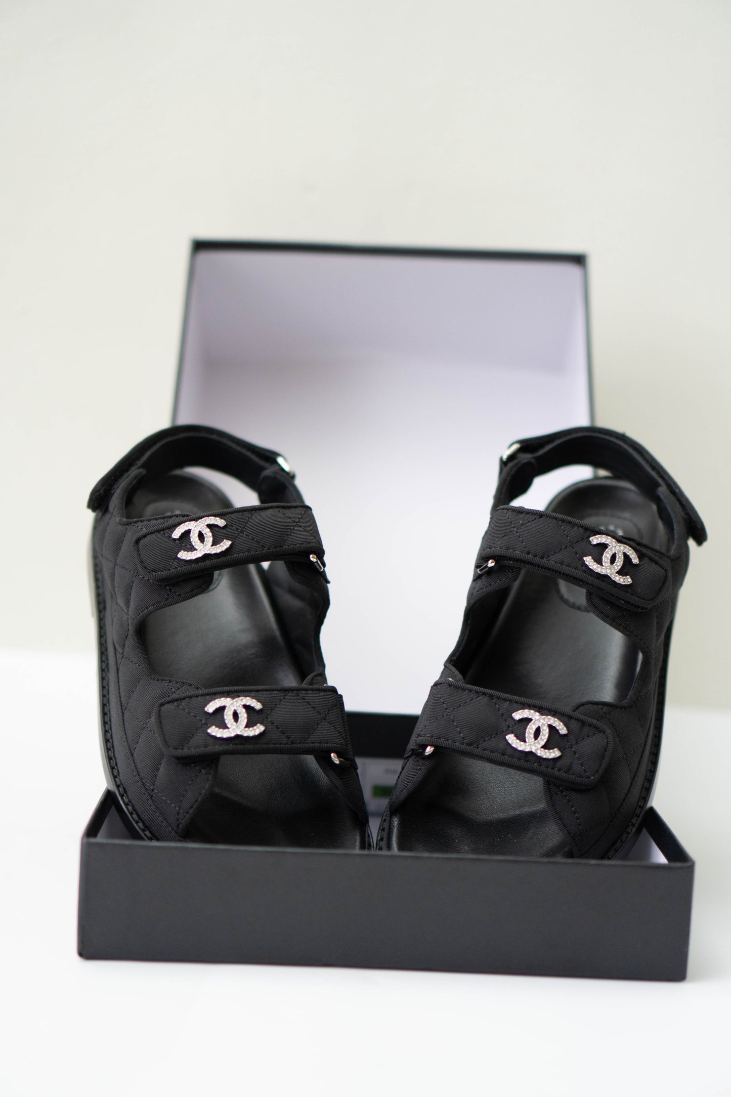 Dad Sandals – Black Fabric with Silver Hardware