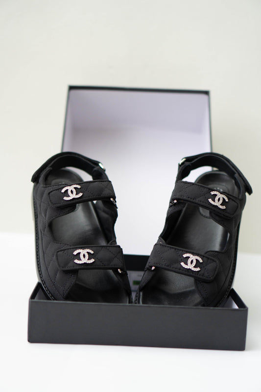 Dad Sandals – Black Fabric with Silver Hardware