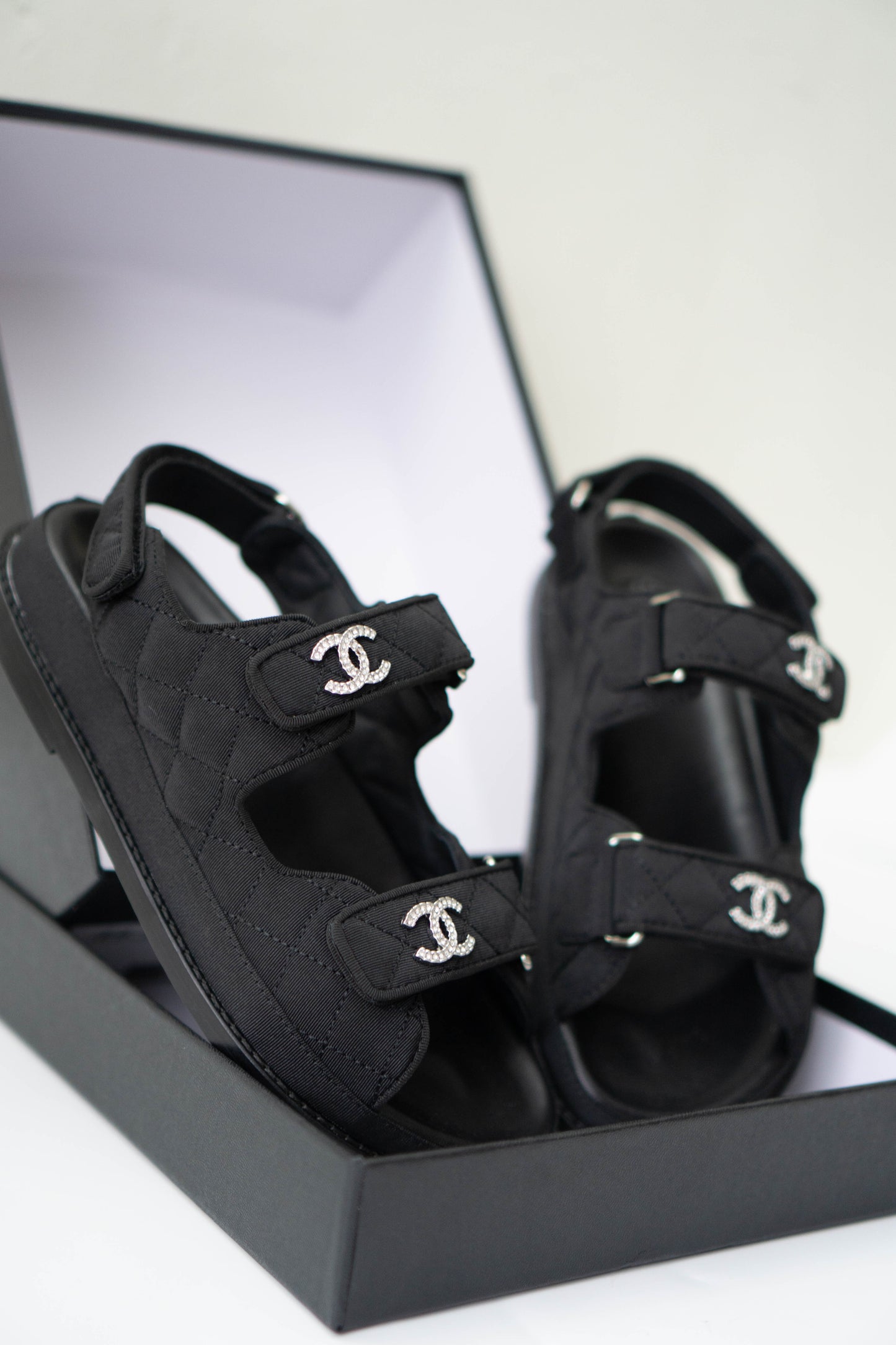 Dad Sandals – Black Fabric with Silver Hardware