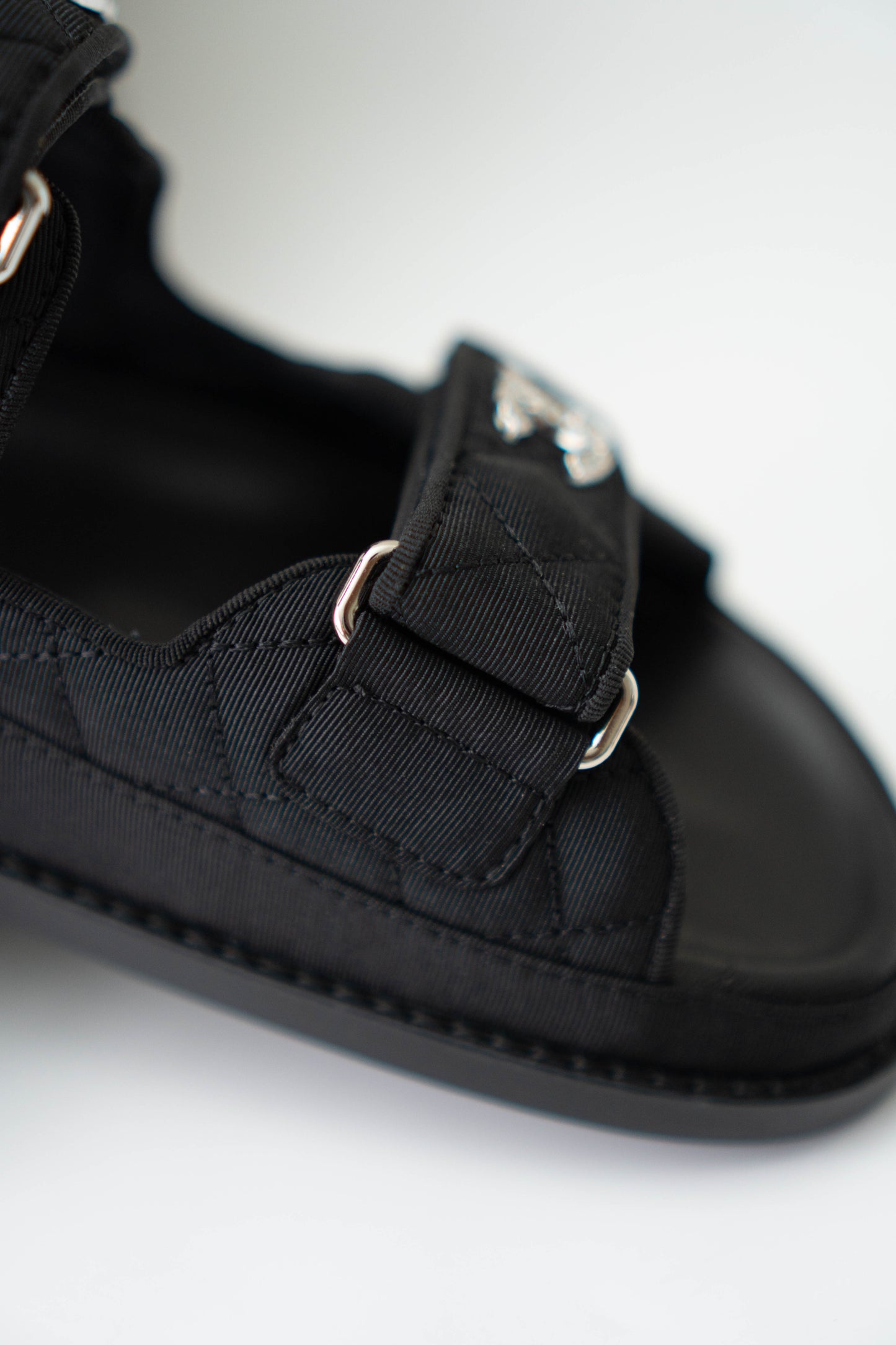 Dad Sandals – Black Fabric with Silver Hardware