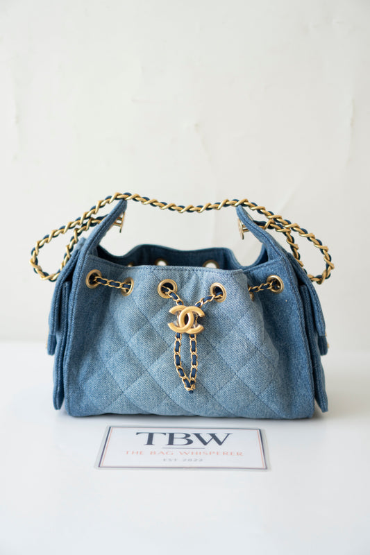 Mini Drawstring Bag – Washed Denim with Gold Hardware