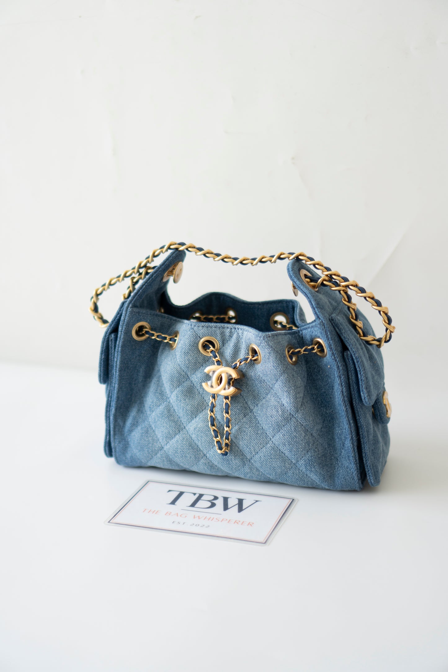 Mini Drawstring Bag – Washed Denim with Gold Hardware