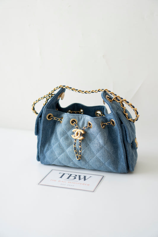 Mini Drawstring Bag – Washed Denim with Gold Hardware