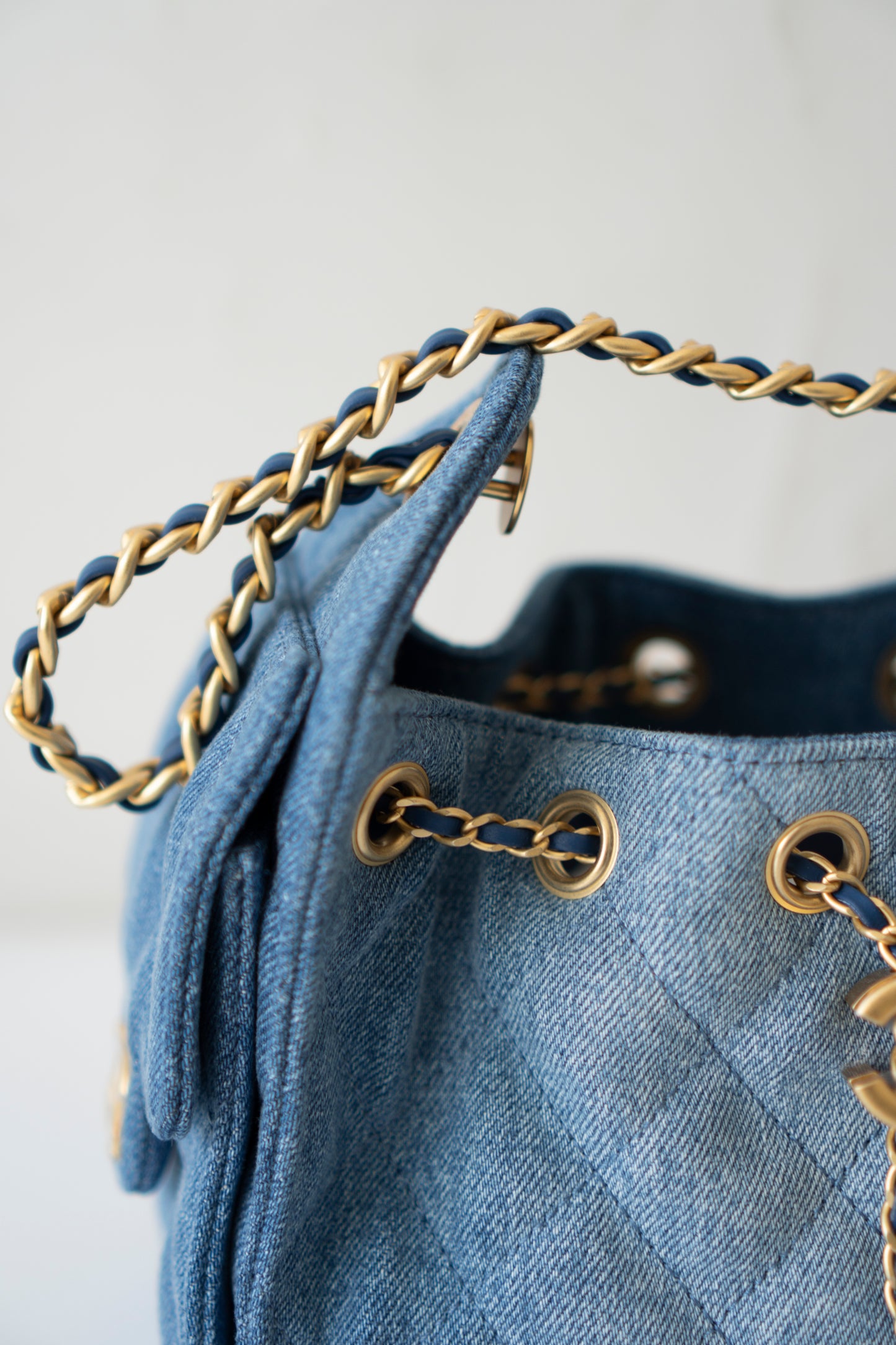 Mini Drawstring Bag – Washed Denim with Gold Hardware