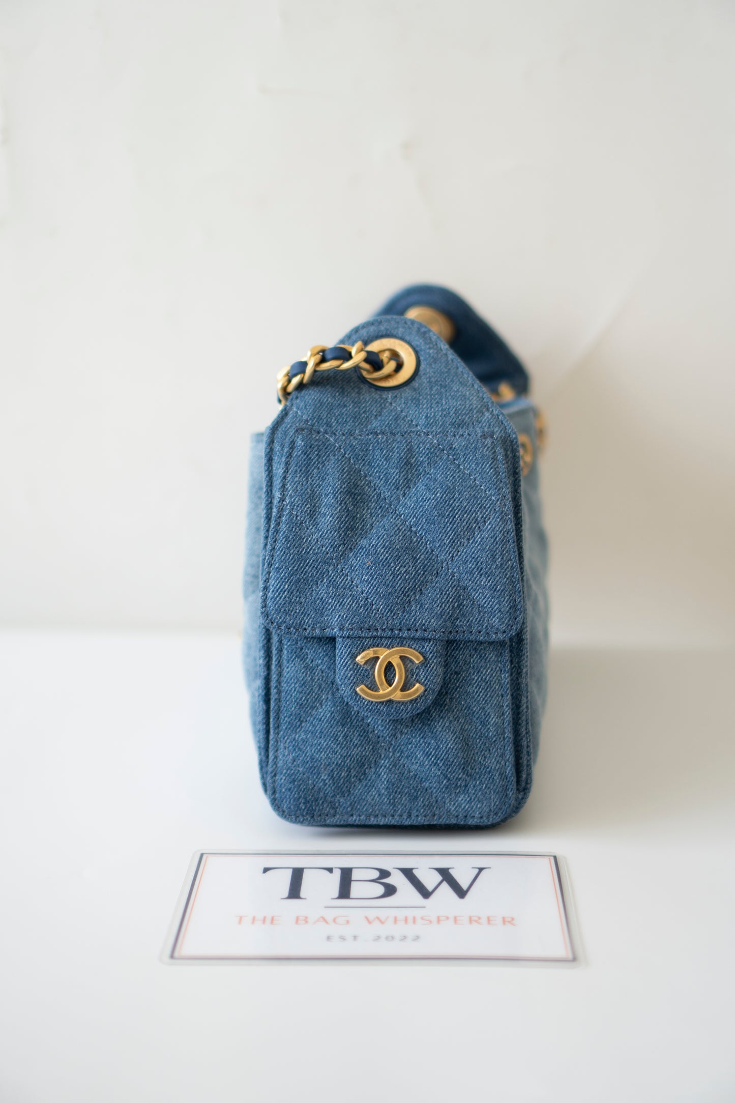 Mini Drawstring Bag – Washed Denim with Gold Hardware