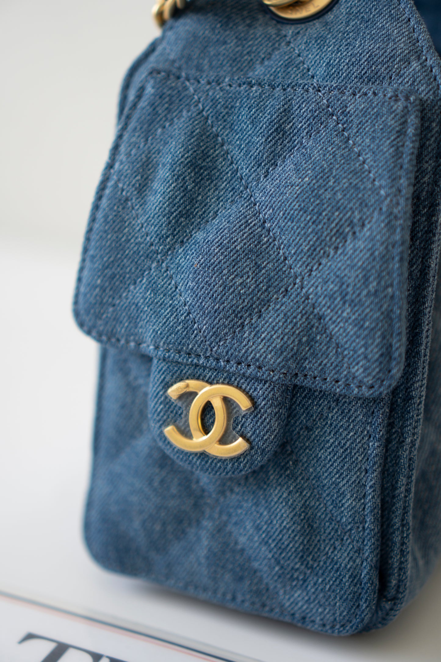 Mini Drawstring Bag – Washed Denim with Gold Hardware