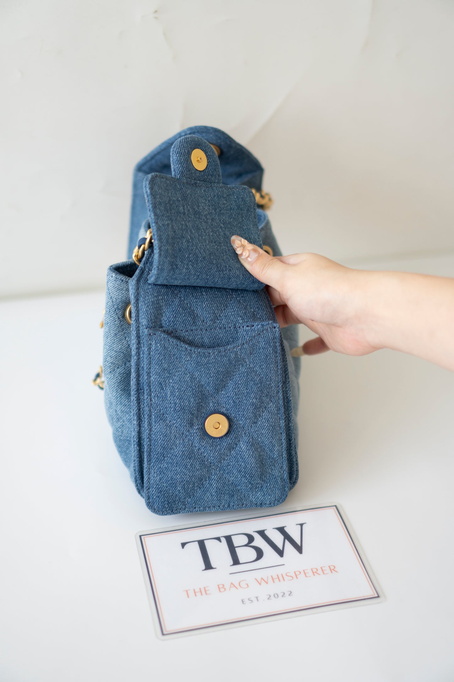 Mini Drawstring Bag – Washed Denim with Gold Hardware