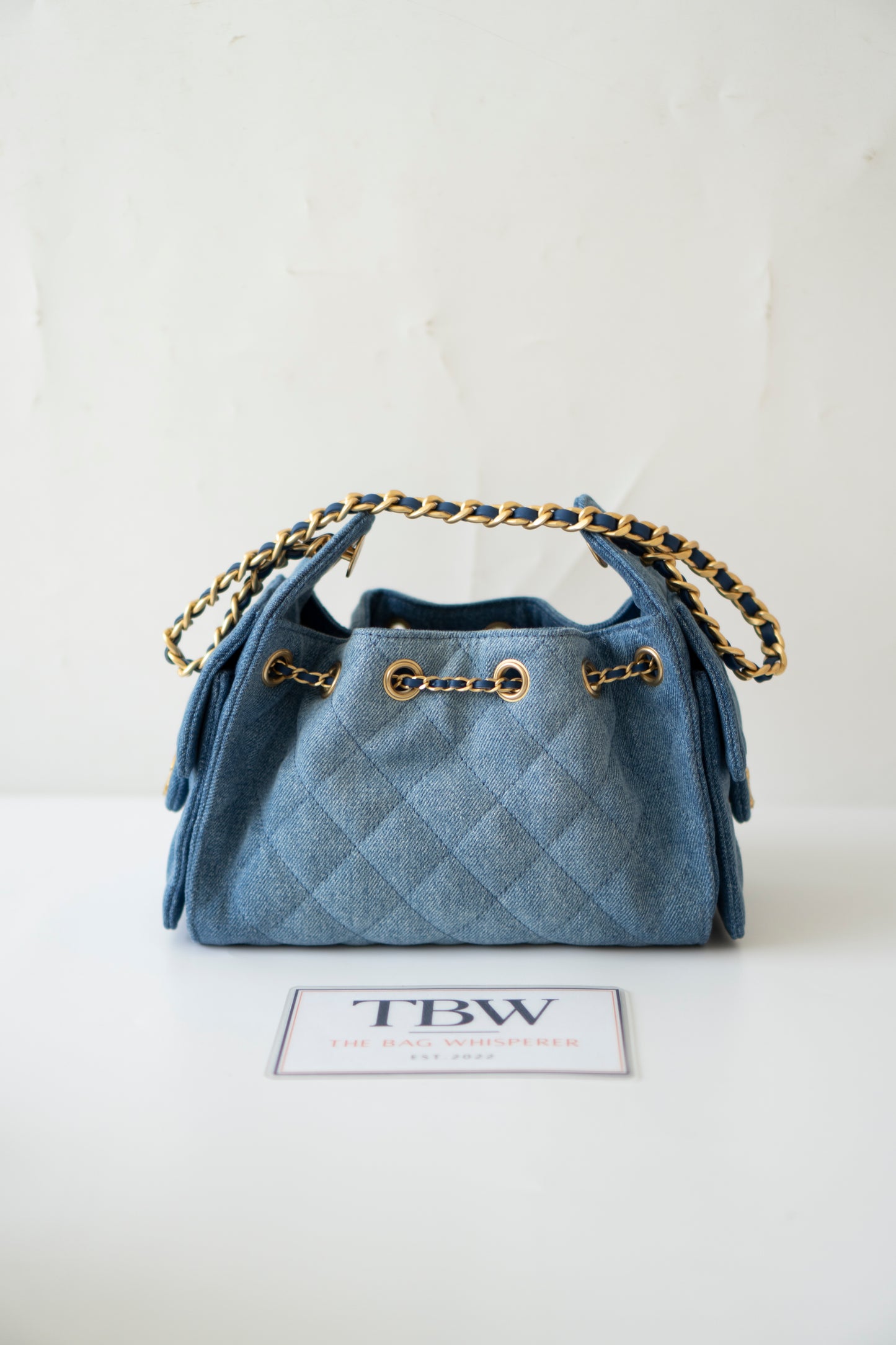 Mini Drawstring Bag – Washed Denim with Gold Hardware