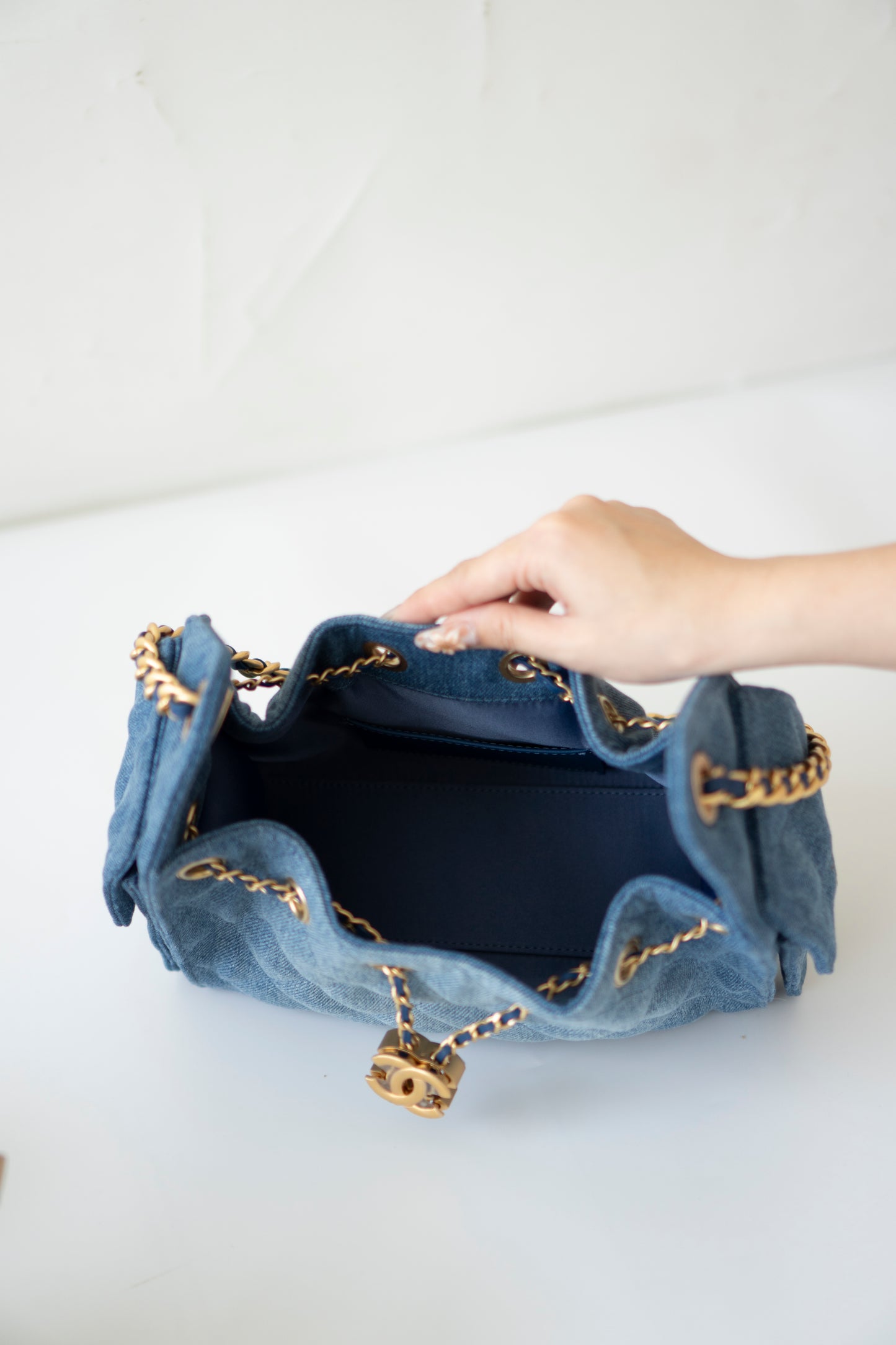 Mini Drawstring Bag – Washed Denim with Gold Hardware