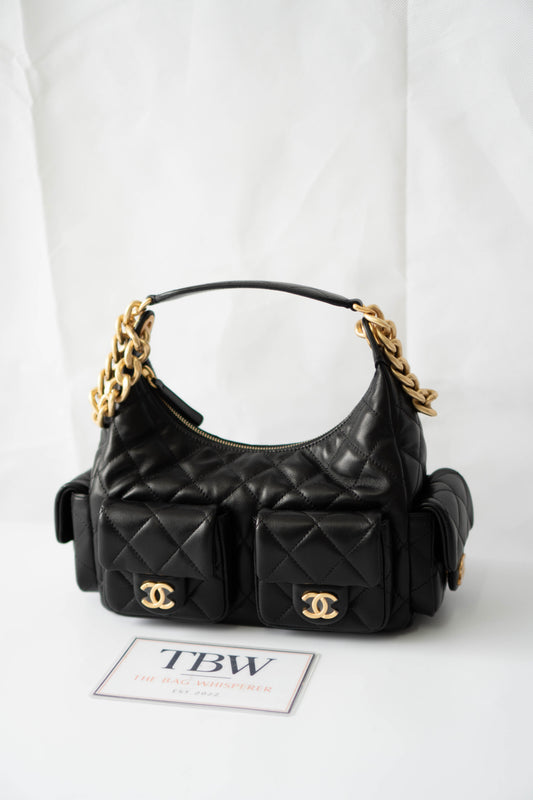 Trendy Pockets Hobo Bag – Black Lambskin (25C Cruise Collection)
