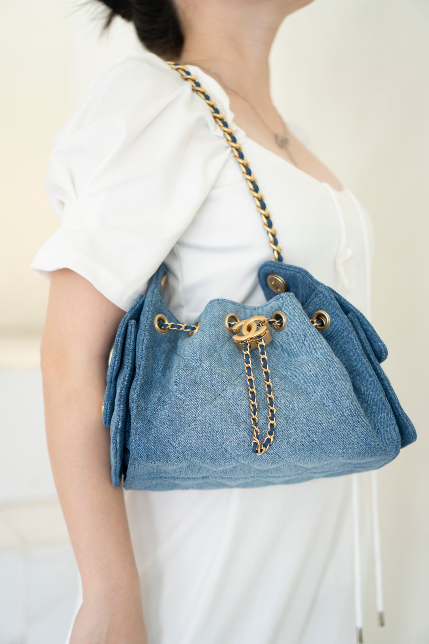 Mini Drawstring Bag – Washed Denim with Gold Hardware
