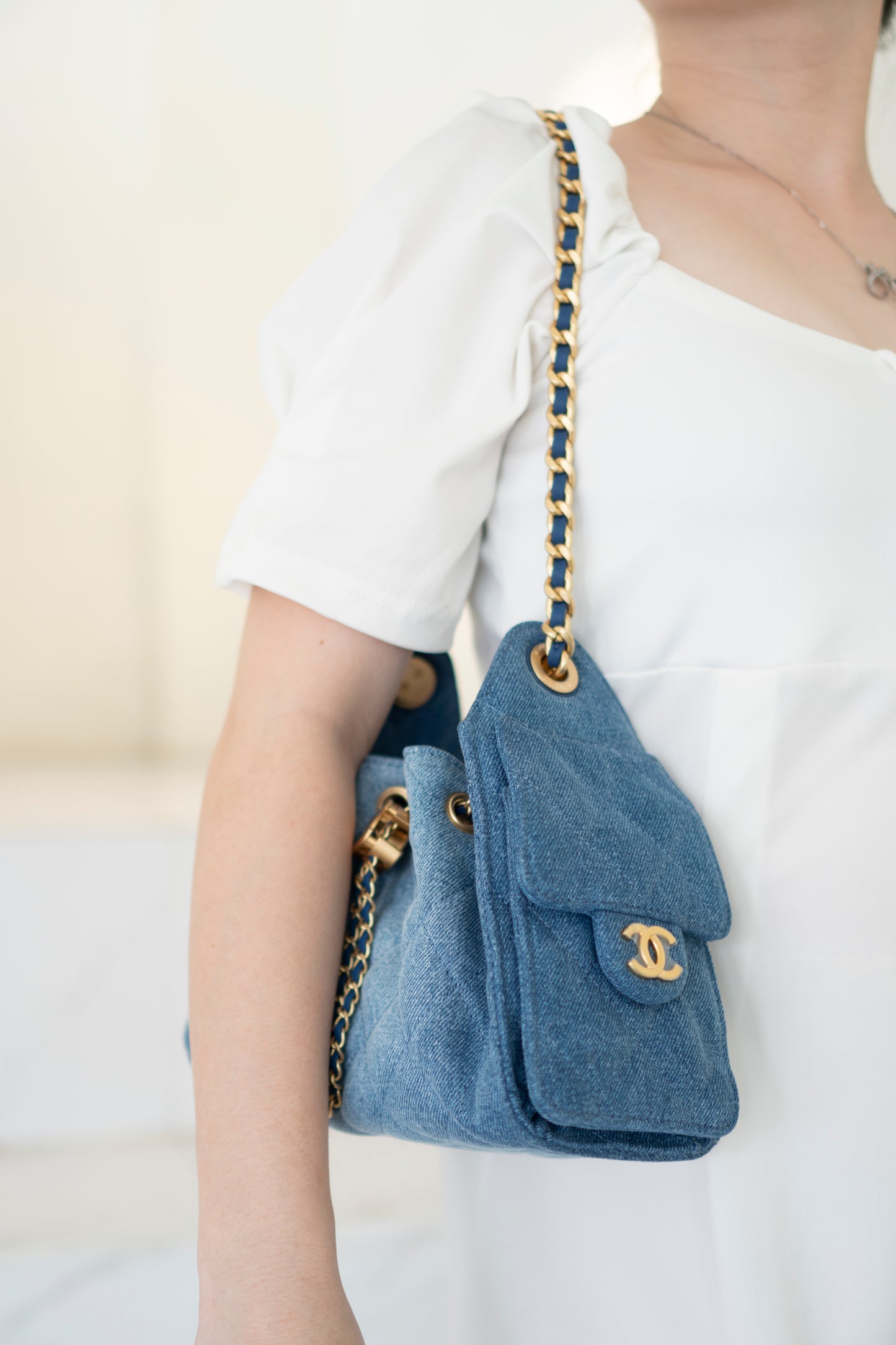 Mini Drawstring Bag – Washed Denim with Gold Hardware