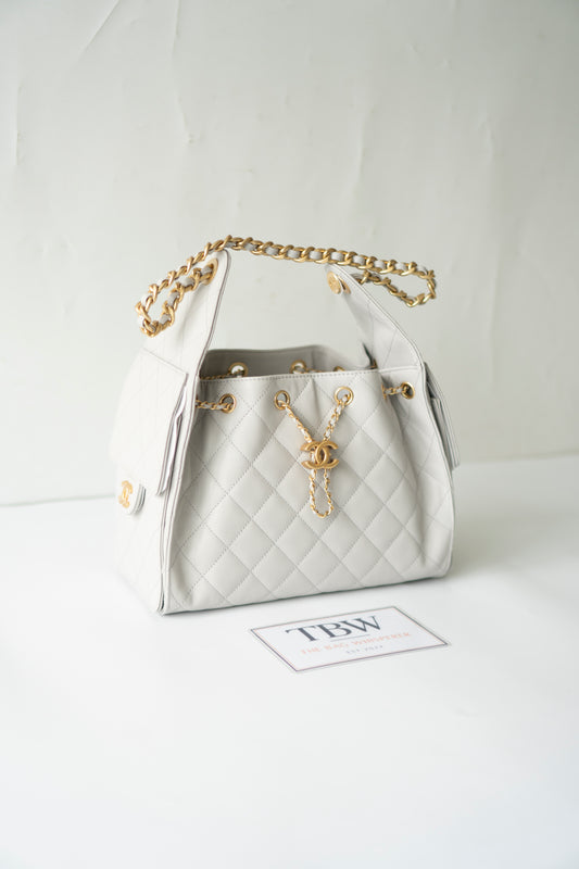 C25 Small Drawstring Chain Bag – Light Gray Caviar Leather with Gold Hardware