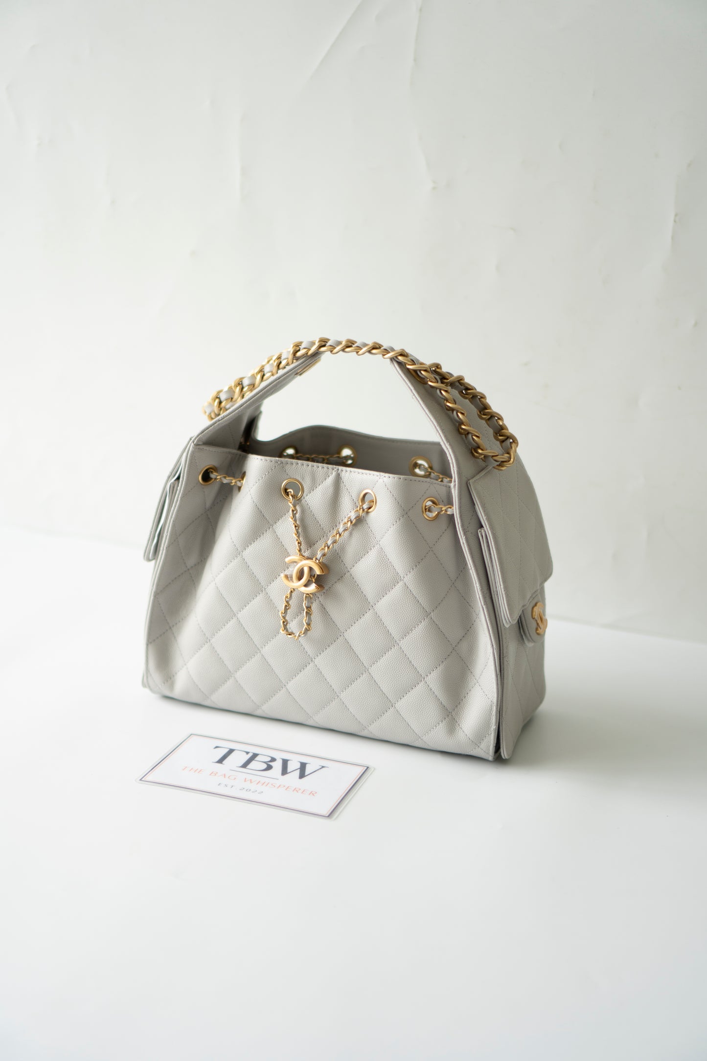 C25 Small Drawstring Chain Bag – Light Gray Caviar Leather with Gold Hardware