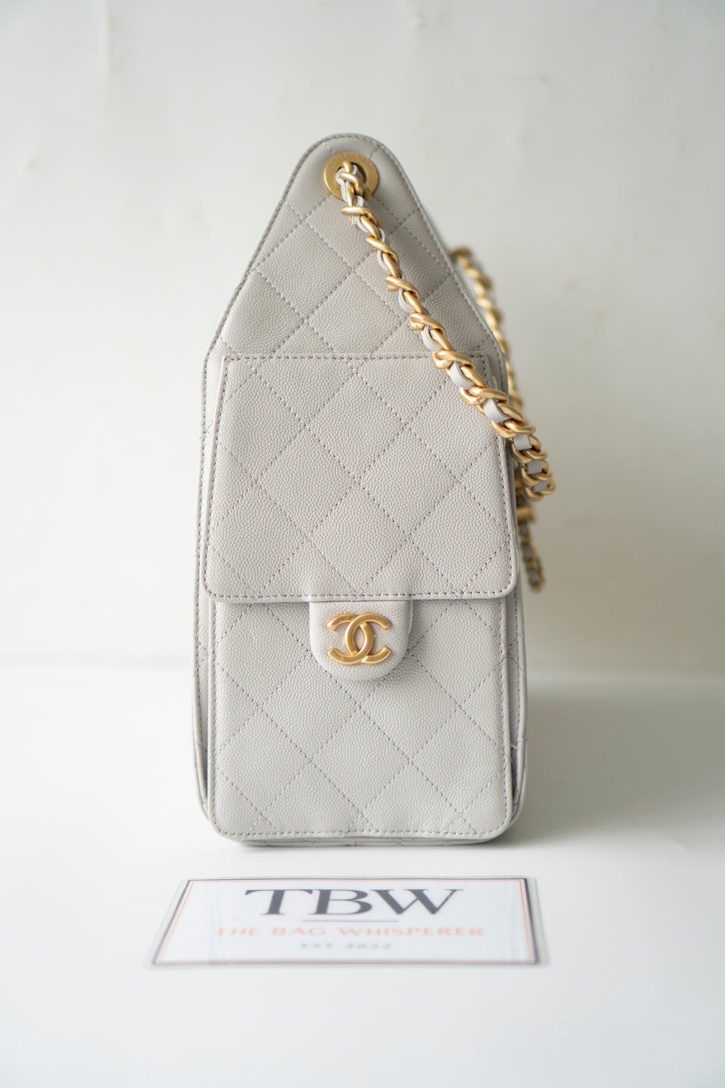 C25 Small Drawstring Chain Bag – Light Gray Caviar Leather with Gold Hardware