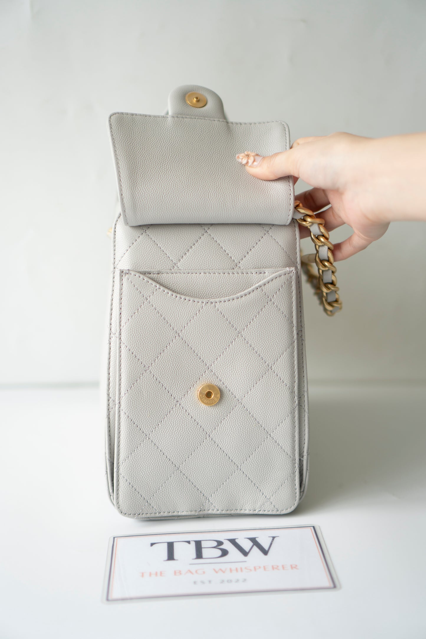C25 Small Drawstring Chain Bag – Light Gray Caviar Leather with Gold Hardware