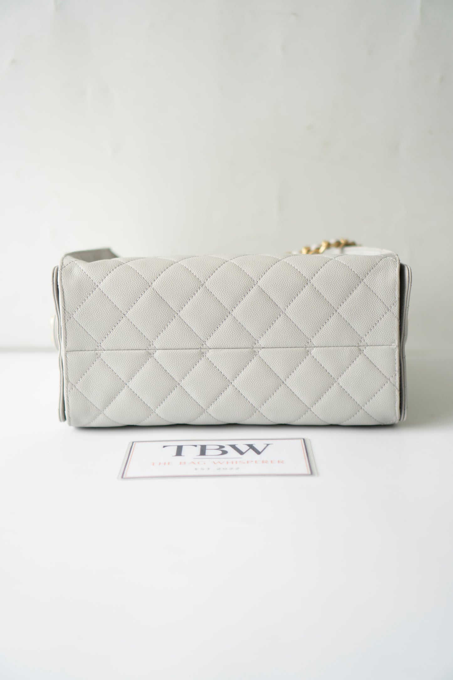 C25 Small Drawstring Chain Bag – Light Gray Caviar Leather with Gold Hardware