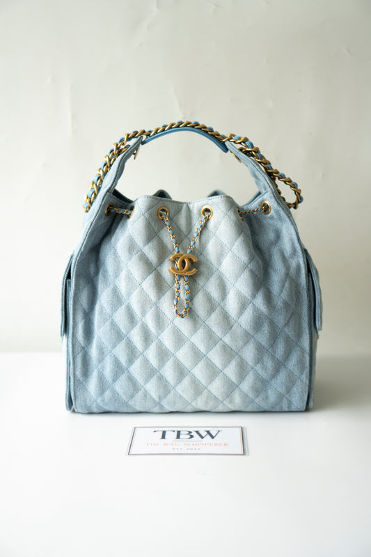 C25 Medium Drawstring Chain Bag – Washed Denim with Gold Hardware