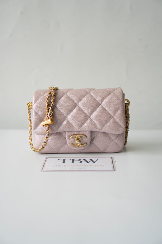 Mini Rectangular Flap Bag – Pink Iridescent Caviar with Light Gold Hardware