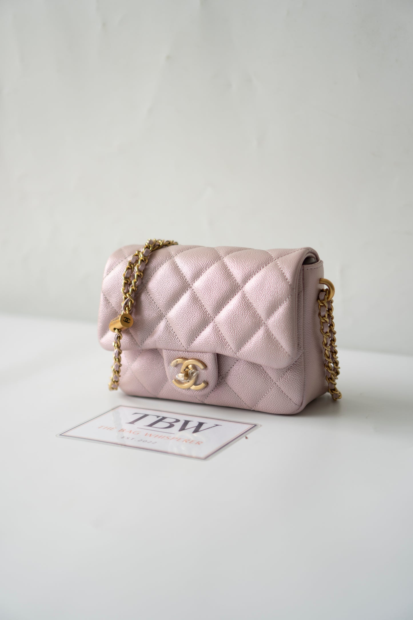 Mini Rectangular Flap Bag – Pink Iridescent Caviar with Light Gold Hardware