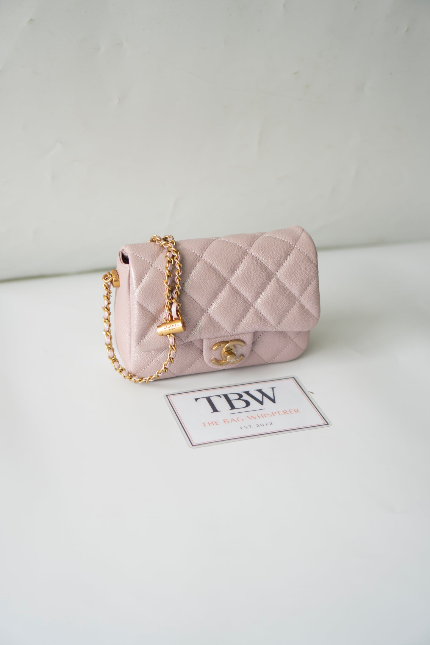 Mini Rectangular Flap Bag – Pink Iridescent Caviar with Light Gold Hardware