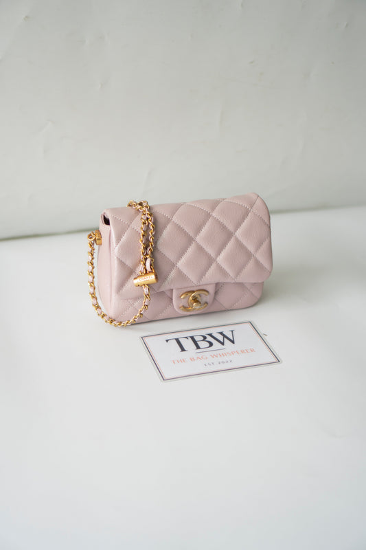 Mini Rectangular Flap Bag – Pink Iridescent Caviar with Light Gold Hardware