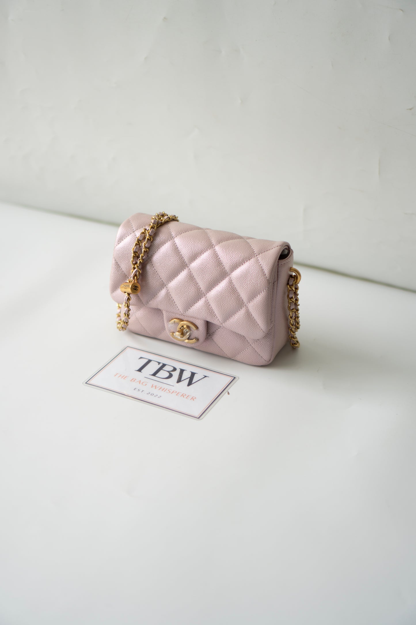 Mini Rectangular Flap Bag – Pink Iridescent Caviar with Light Gold Hardware