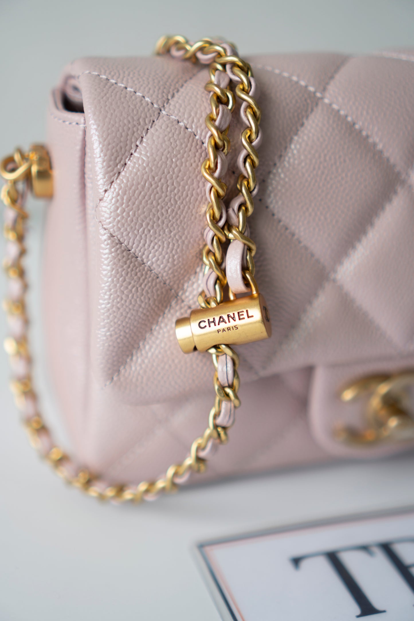 Mini Rectangular Flap Bag – Pink Iridescent Caviar with Light Gold Hardware