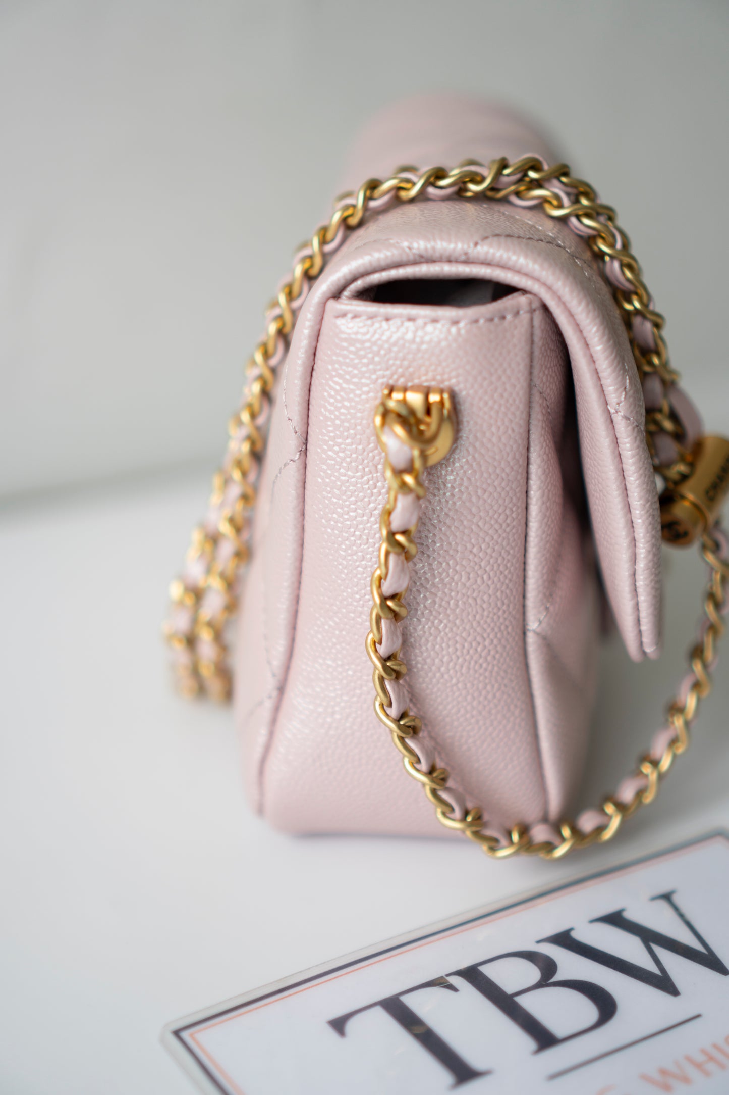 Mini Rectangular Flap Bag – Pink Iridescent Caviar with Light Gold Hardware