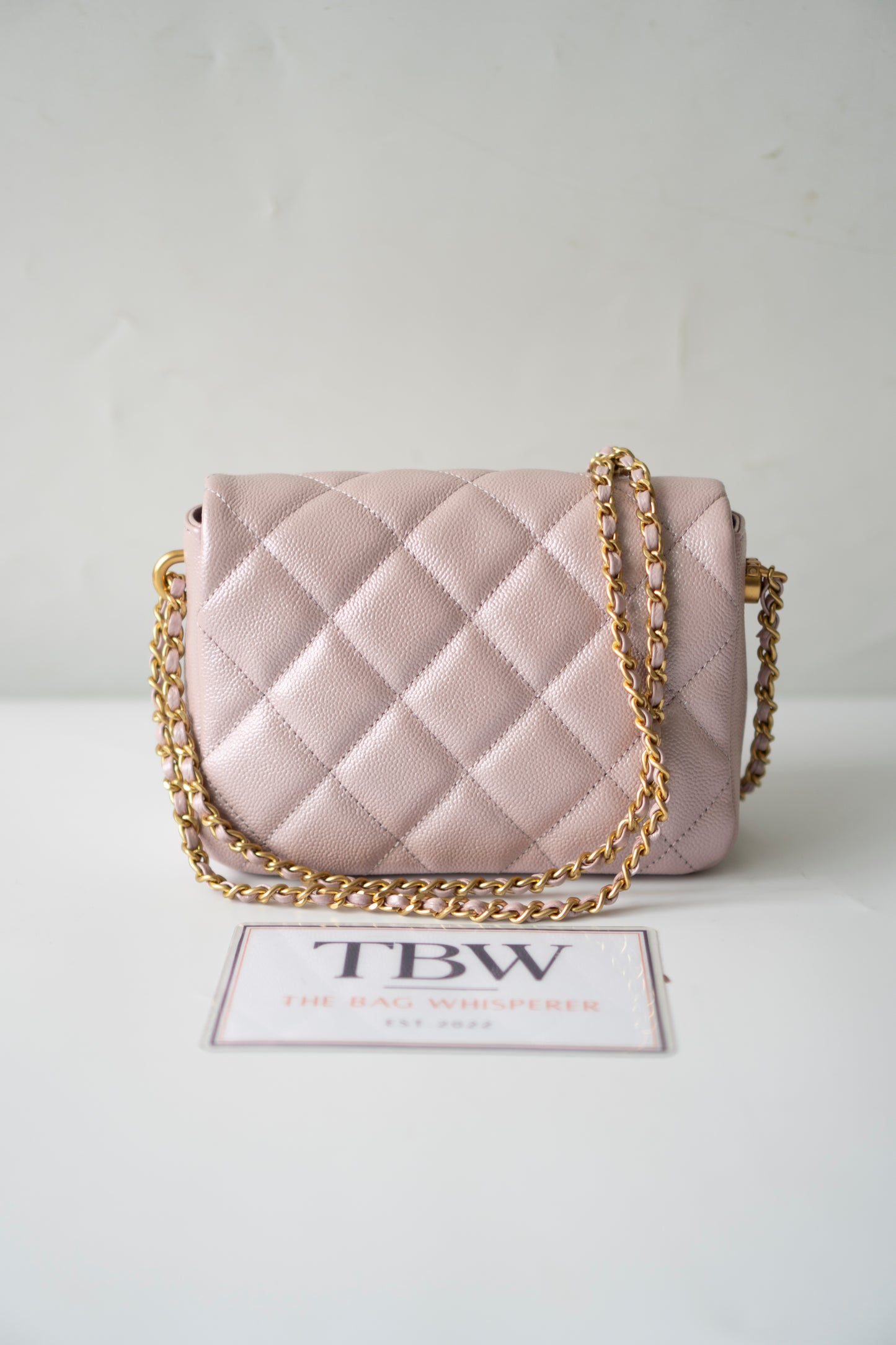 Mini Rectangular Flap Bag – Pink Iridescent Caviar with Light Gold Hardware