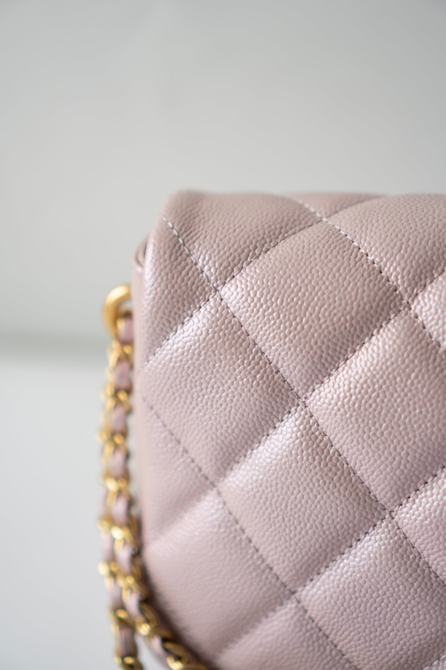 Mini Rectangular Flap Bag – Pink Iridescent Caviar with Light Gold Hardware