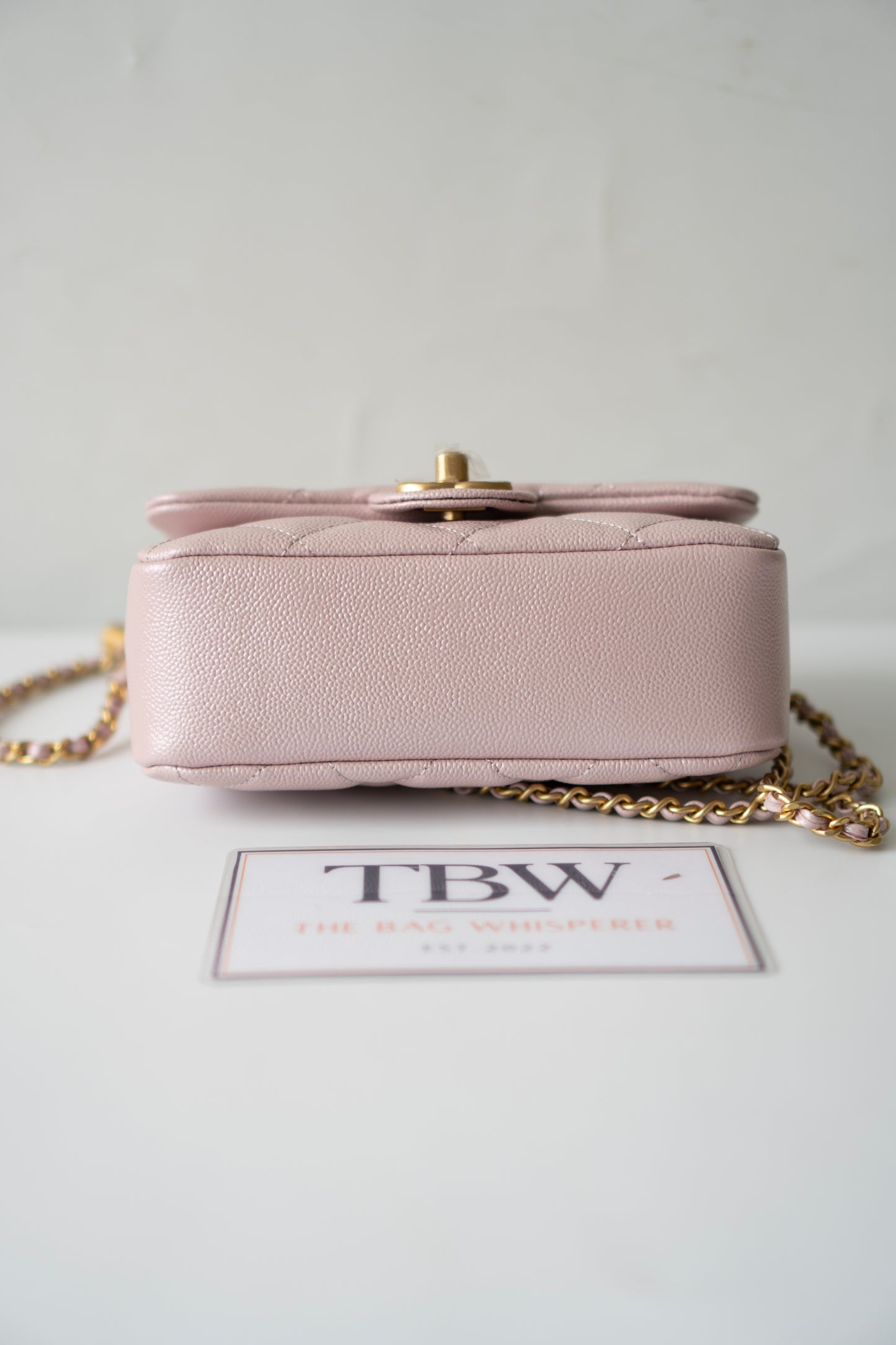 Mini Rectangular Flap Bag – Pink Iridescent Caviar with Light Gold Hardware