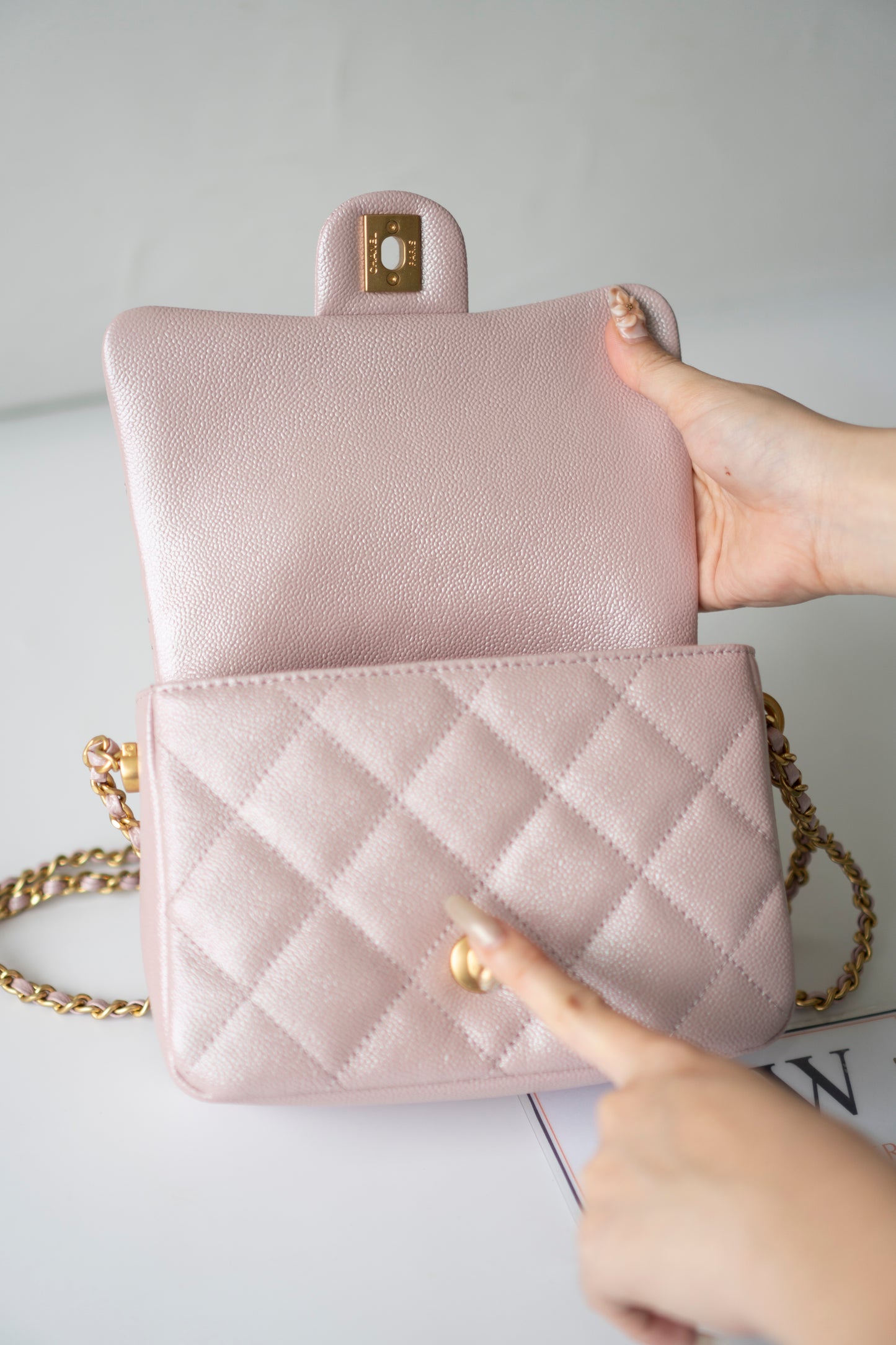 Mini Rectangular Flap Bag – Pink Iridescent Caviar with Light Gold Hardware