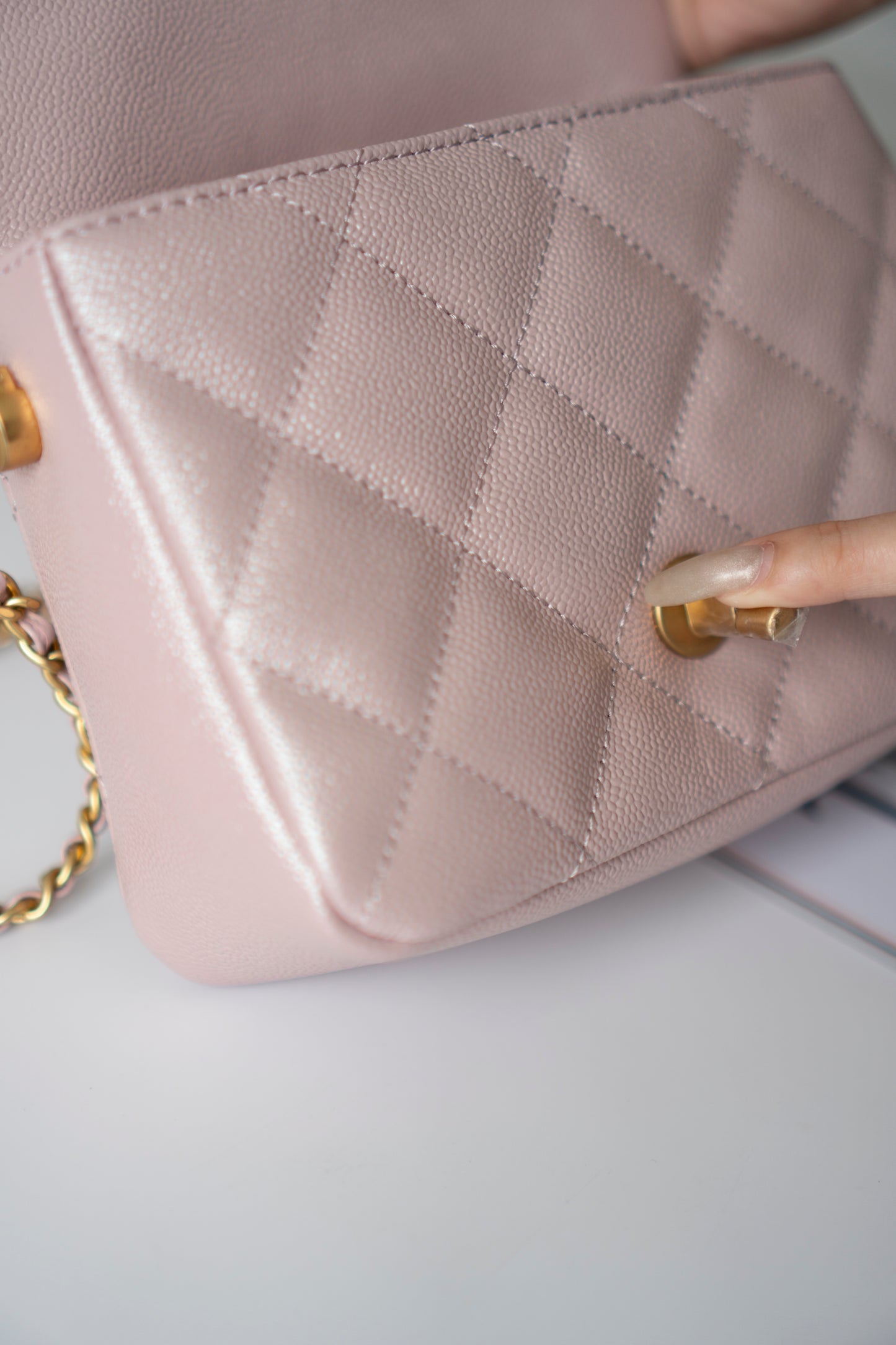 Mini Rectangular Flap Bag – Pink Iridescent Caviar with Light Gold Hardware