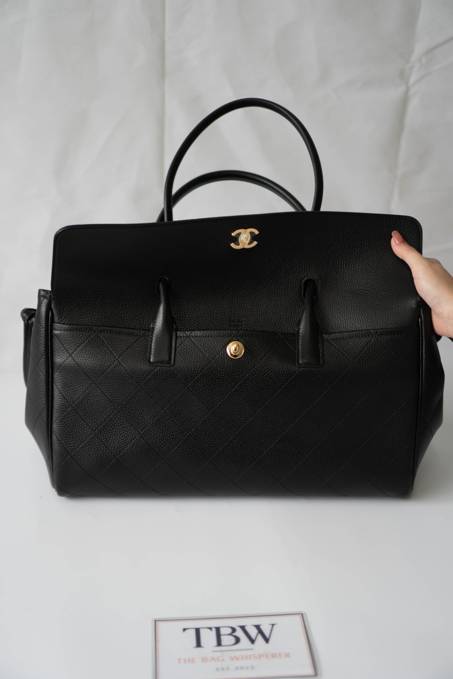 Large East-West Shopping Tote – Black Caviar with Gold Hardware