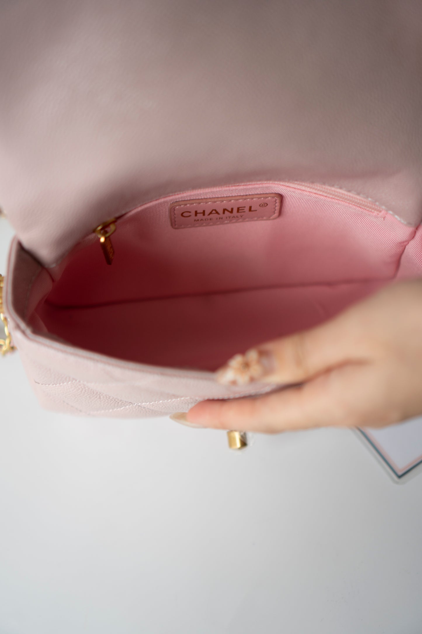 Mini Rectangular Flap Bag – Pink Iridescent Caviar with Light Gold Hardware