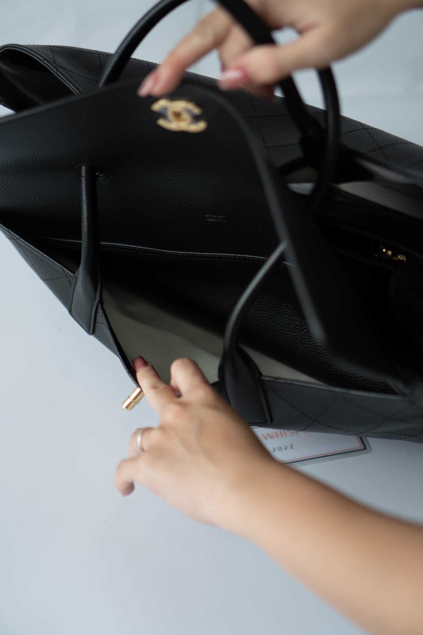 Large East-West Shopping Tote – Black Caviar with Gold Hardware