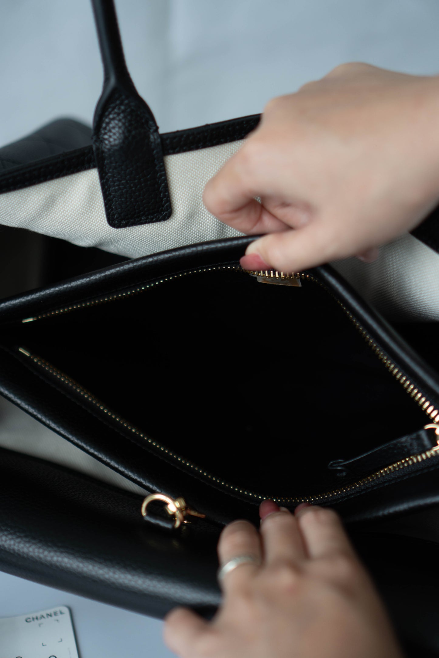Large East-West Shopping Tote – Black Caviar with Gold Hardware