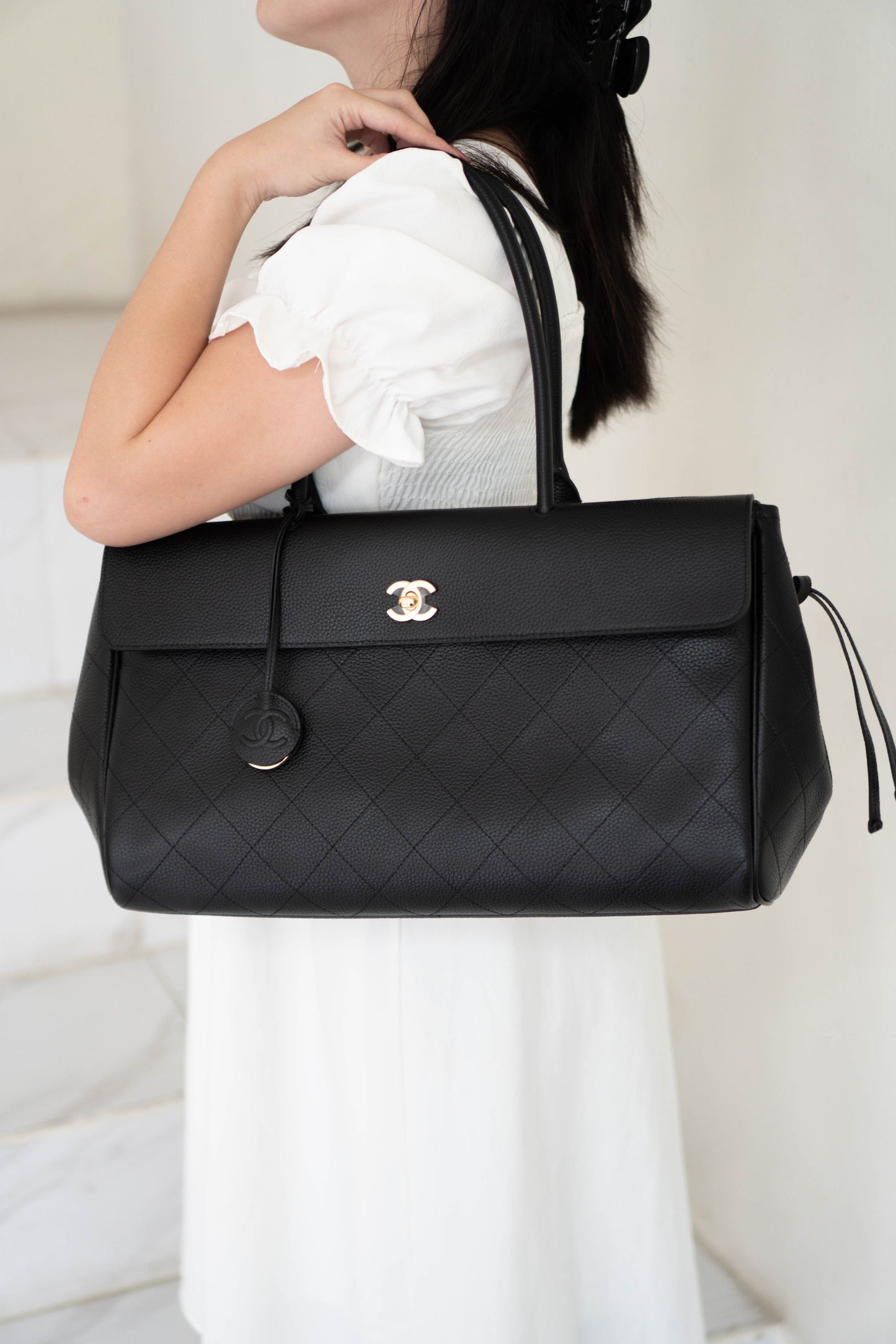 Large East-West Shopping Tote – Black Caviar with Gold Hardware