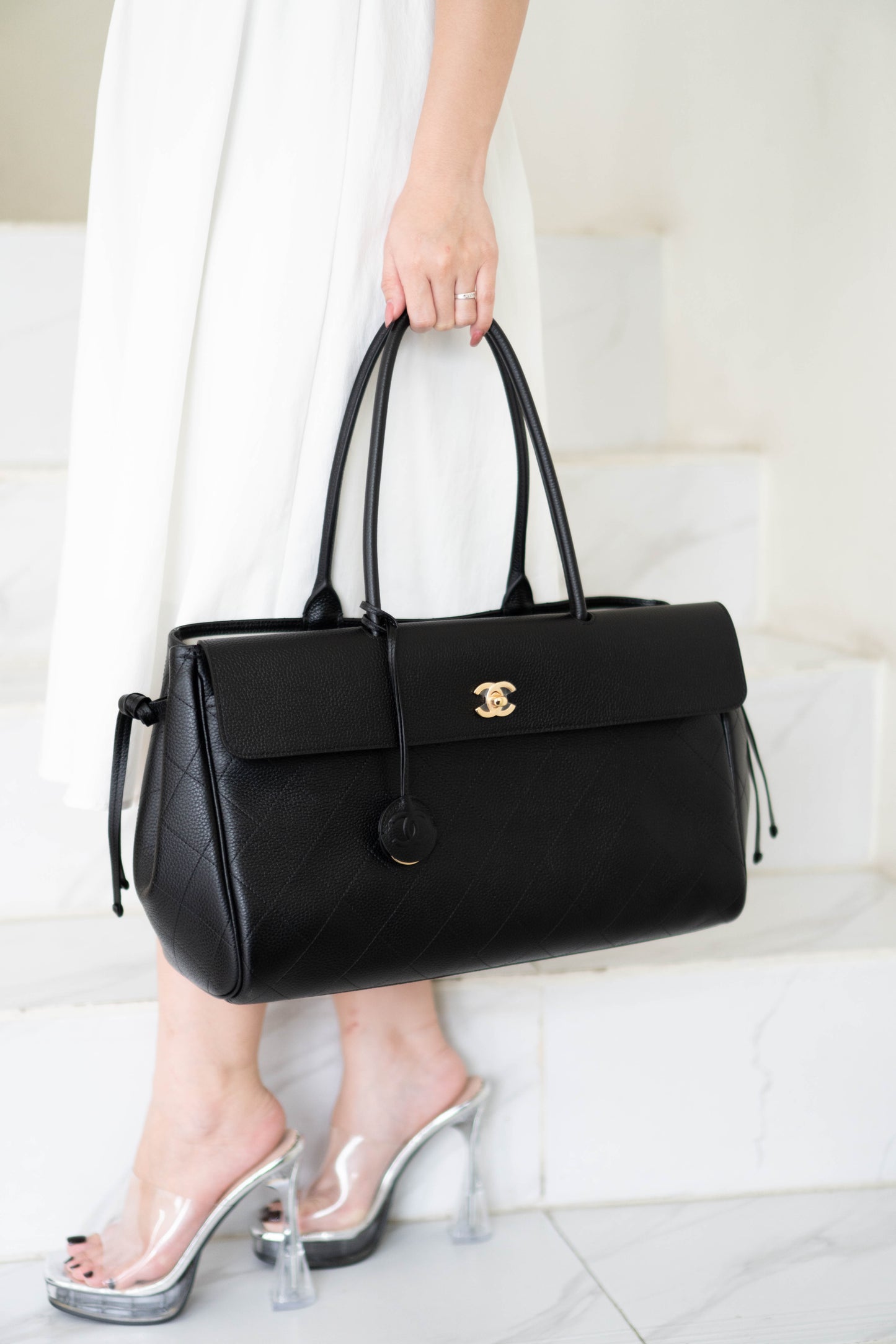 Large East-West Shopping Tote – Black Caviar with Gold Hardware
