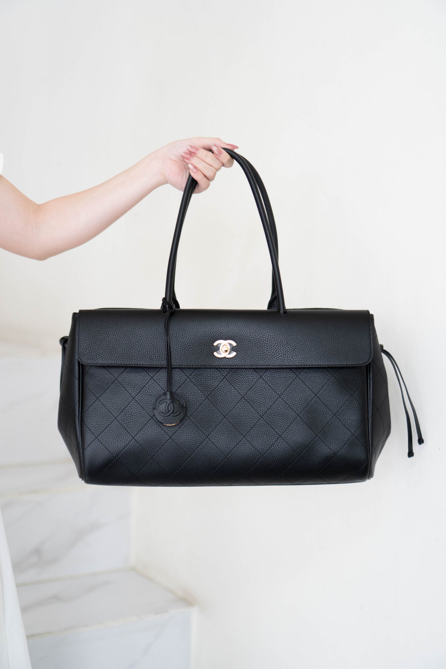 Large East-West Shopping Tote – Black Caviar with Gold Hardware