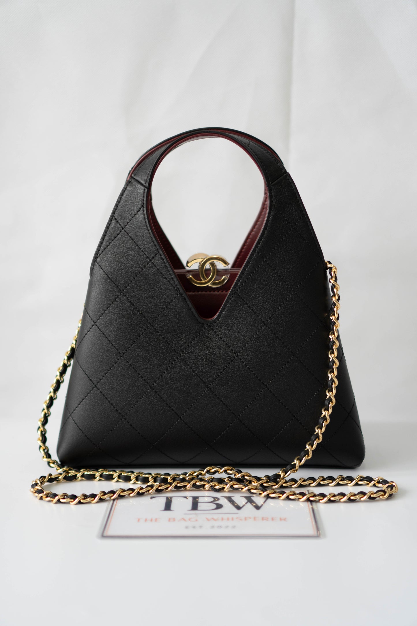 Chic Lady Quilted Triangle Tote – Black Grained Calfskin with Gold Hardware