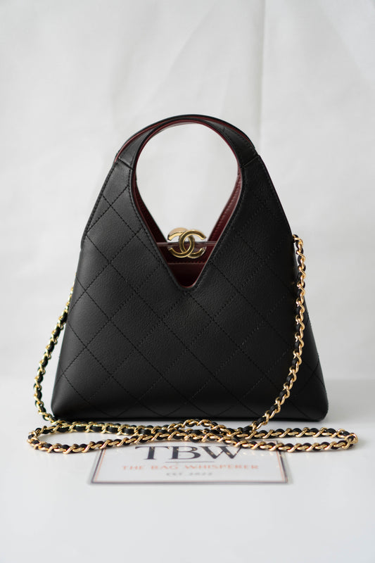 Chic Lady Quilted Triangle Tote – Black Grained Calfskin with Gold Hardware