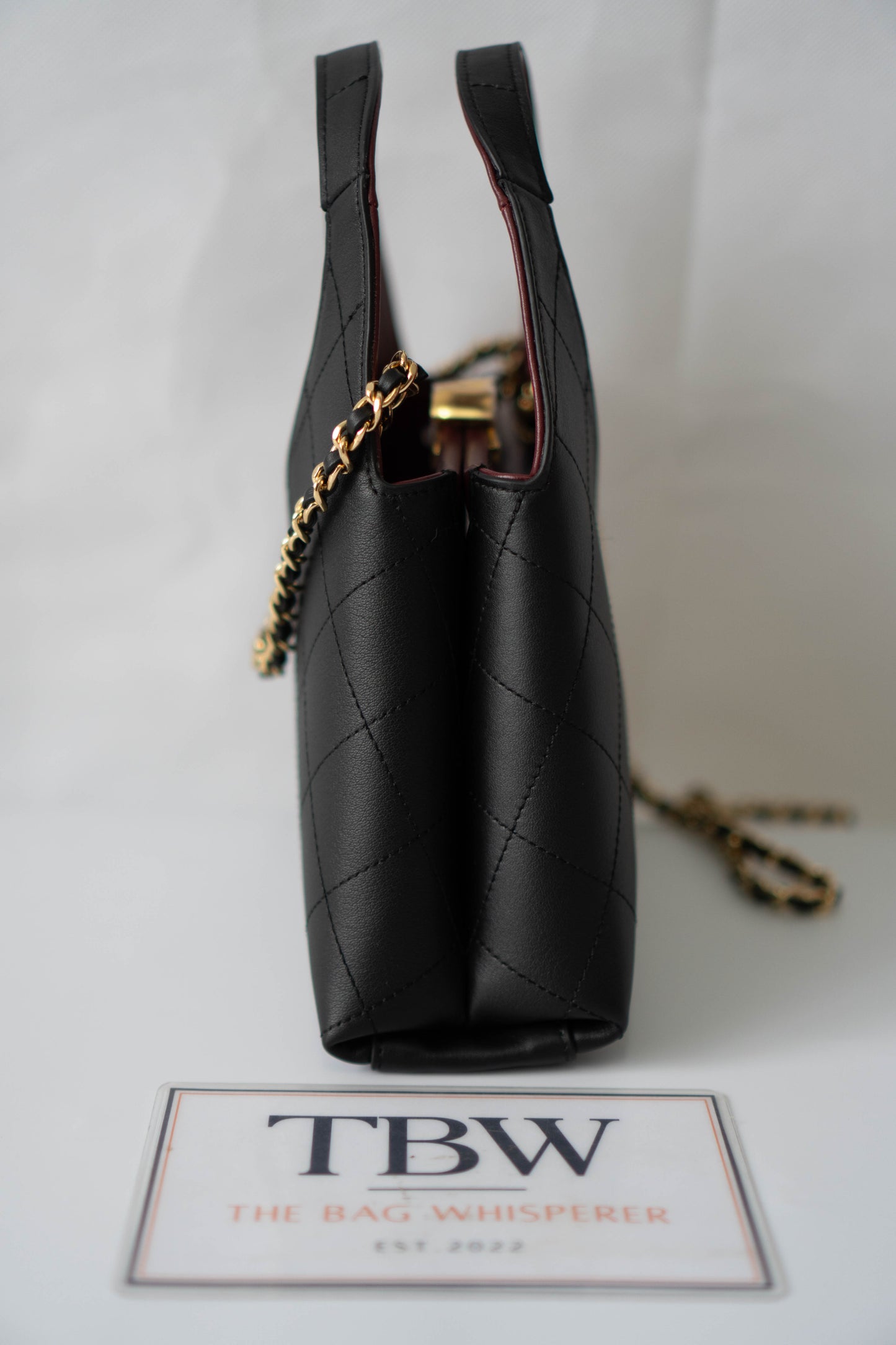 Chic Lady Quilted Triangle Tote – Black Grained Calfskin with Gold Hardware