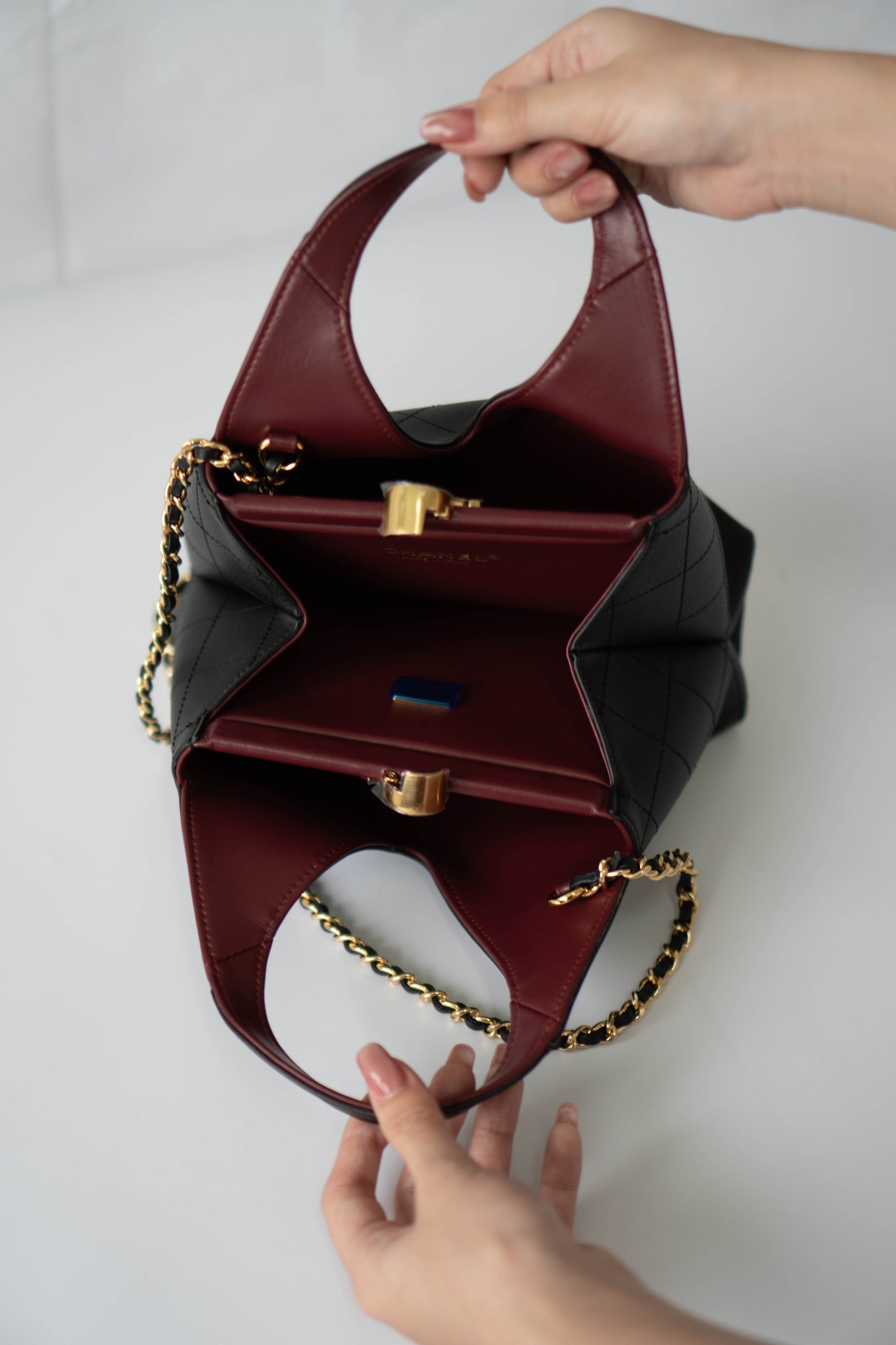 Chic Lady Quilted Triangle Tote – Black Grained Calfskin with Gold Hardware