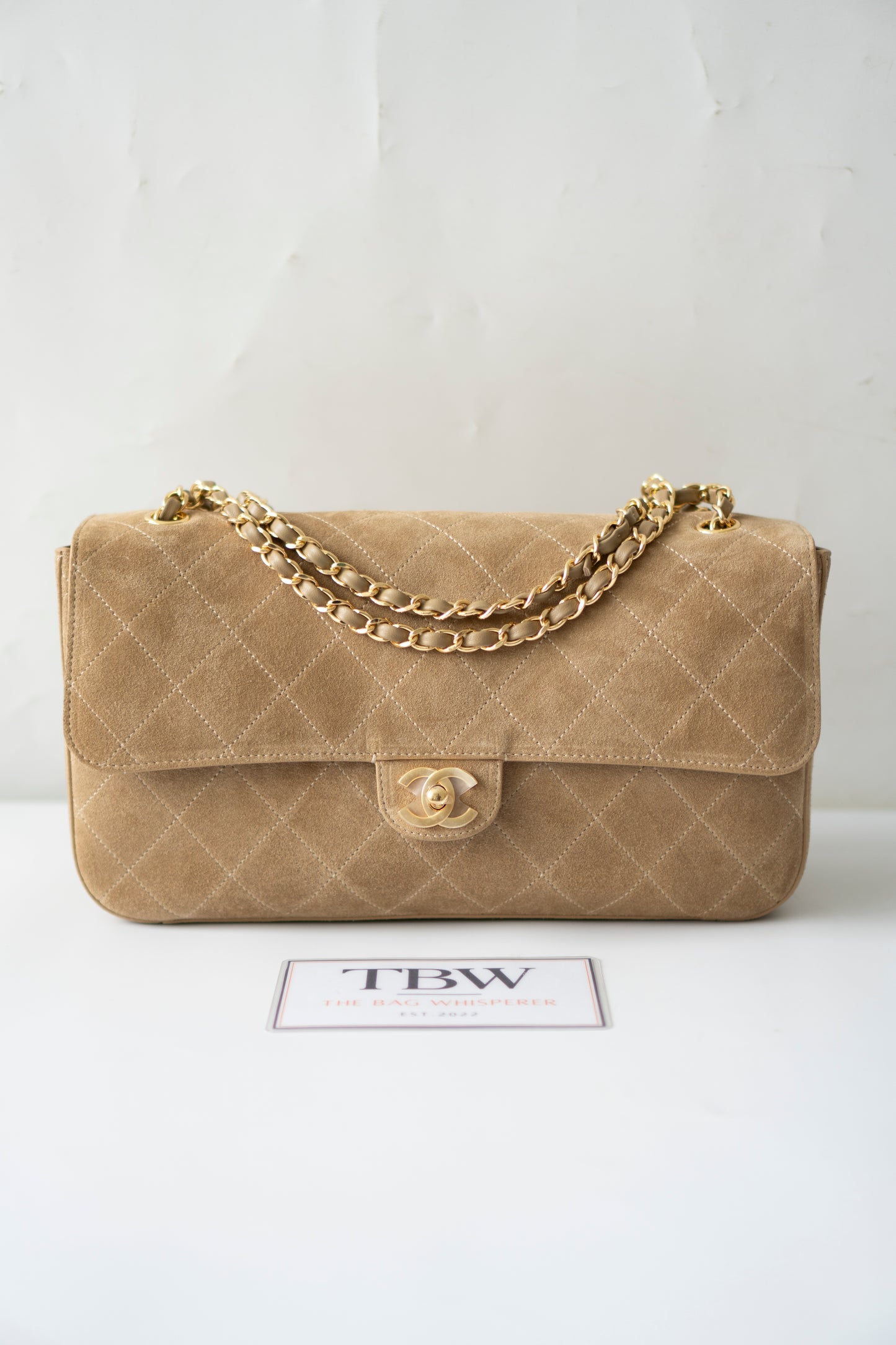 Jumbo Flap – Beige Suede from the 26S Collection with Gold Hardware
