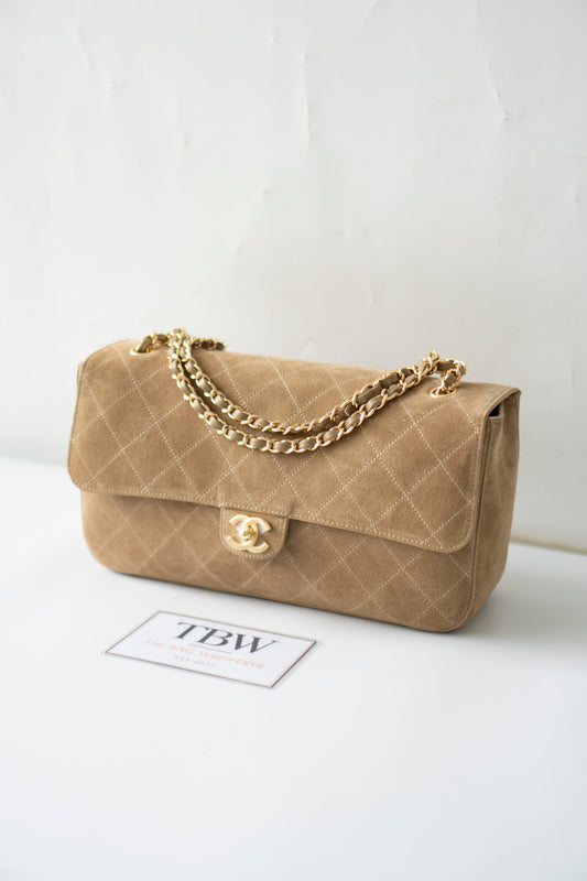 Jumbo Flap – Beige Suede from the 26S Collection with Gold Hardware