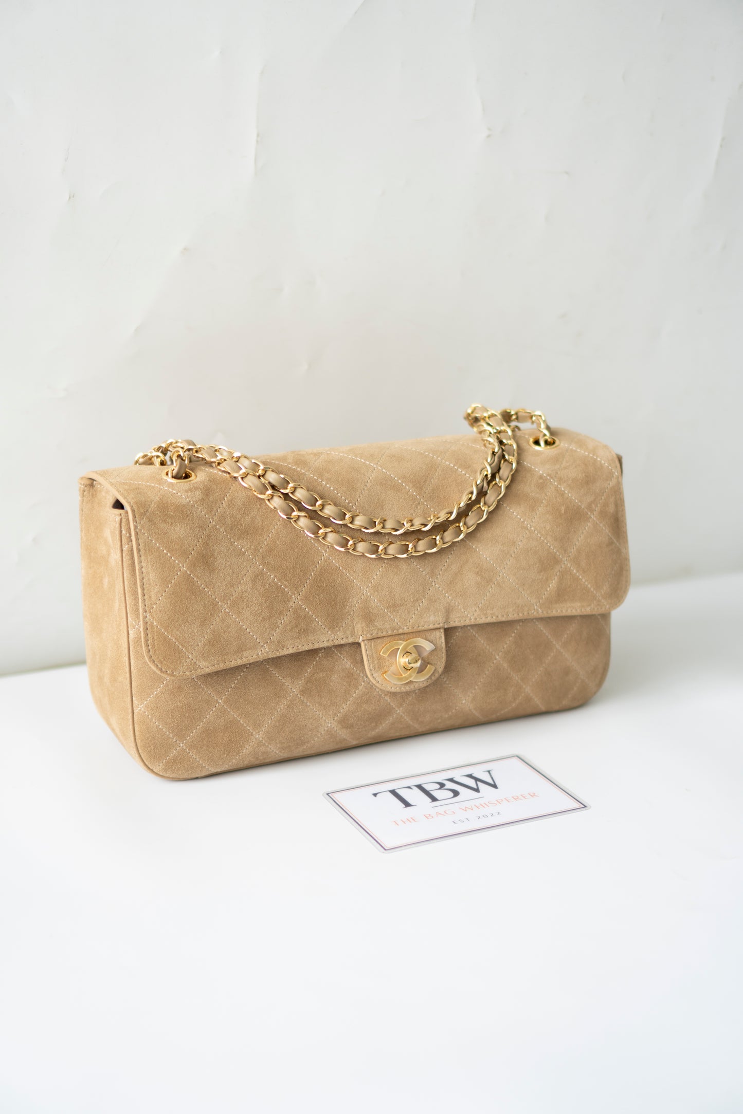 Jumbo Flap – Beige Suede from the 26S Collection with Gold Hardware