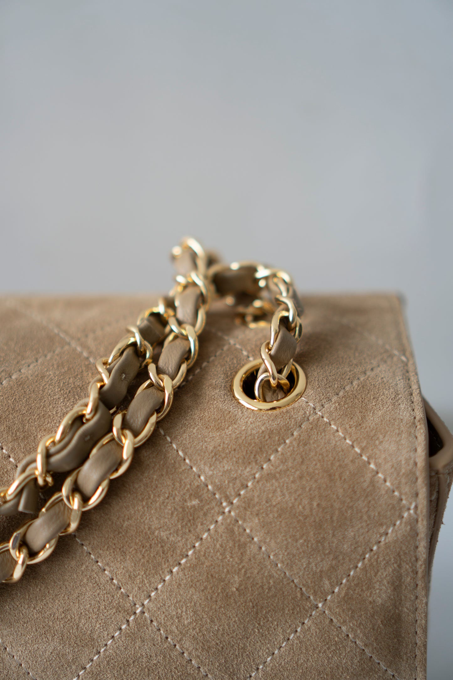 Jumbo Flap – Beige Suede from the 26S Collection with Gold Hardware