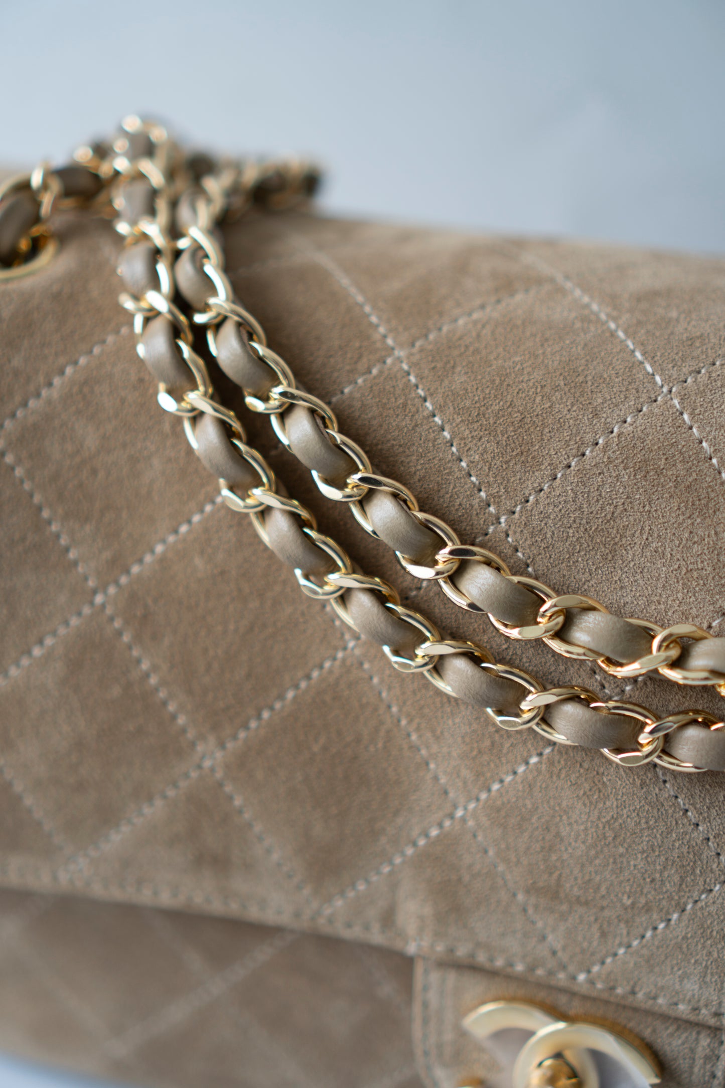 Jumbo Flap – Beige Suede from the 26S Collection with Gold Hardware